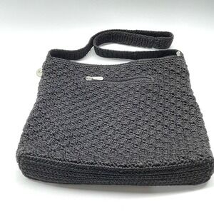 The Sak Black Crochet‎ Knit Zip Lined Shoulder Handbag Purse Hobo Hippie Chic